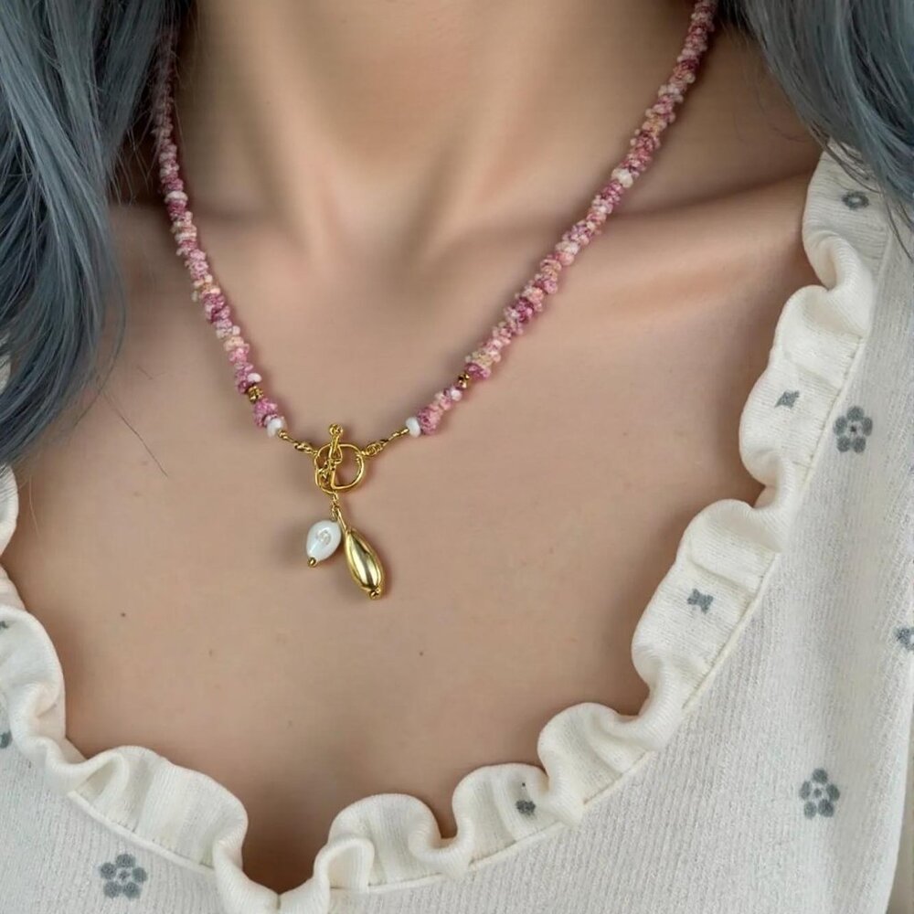 Pink Innocence. Pink Gravel Beaded choker with drop pearl pendant.